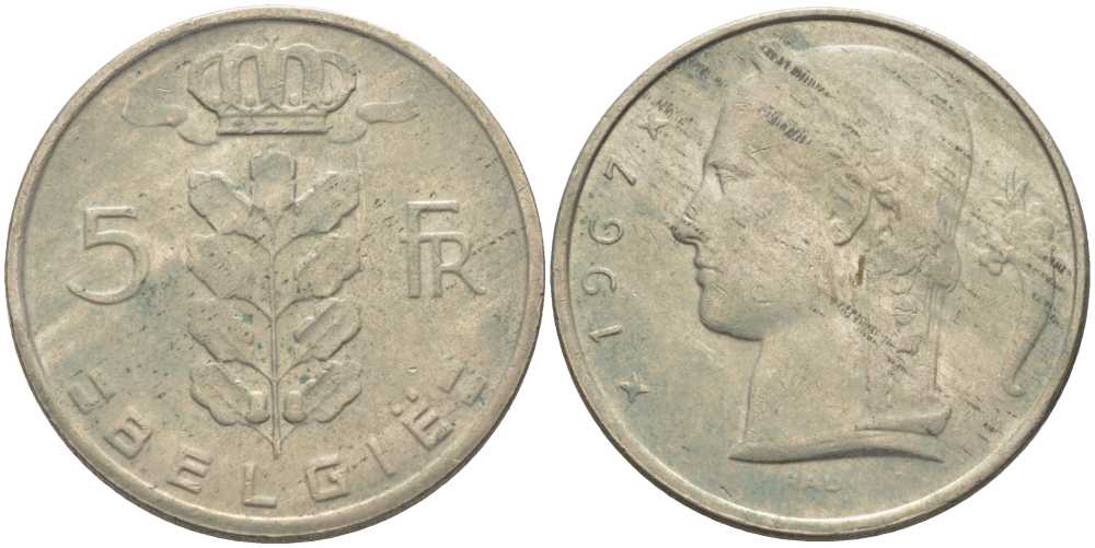 Бельгия 5 франков 1967 Belgie, Бодуэн I (1951-1993) KM 135.1 медно-никель 119-814
