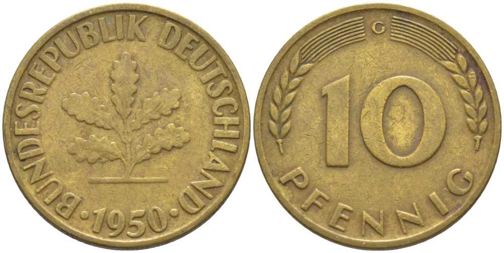 ФРГ 10 ПФЕННИГОВ 1950 G KM 108, J. 383 сталь плакированная латунью 175-737