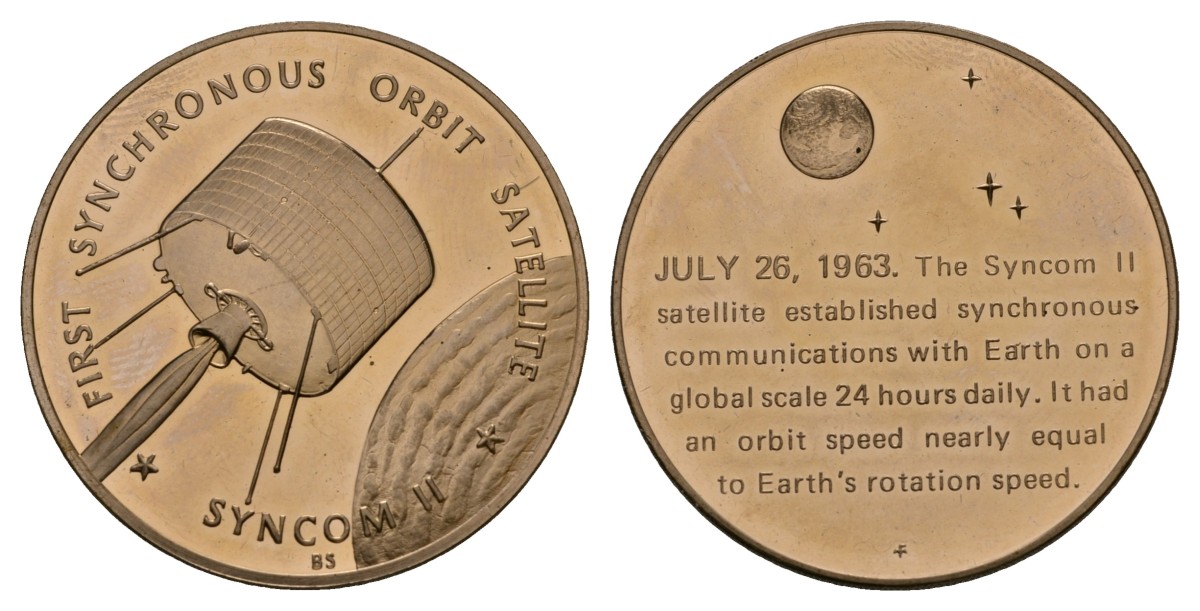 США МЕДАЛЬ 1971 СПУТНИК СИНКОМ II, 1963, 39 мм, 24,4 гр Латунь PROOF 05-095-25