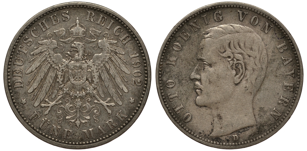 Бавария 5 марок 1902 Отто (1886-1913) Weege 47, J. 46, KM 512 серебро 3711-1435