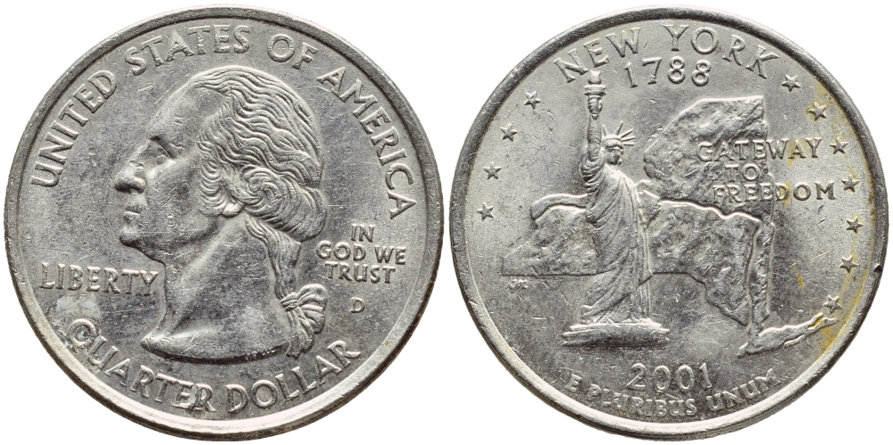 США 25 центов = квотер 2001 D, серия штаты США, Нью-Йорк KM 318 медь плакированная медно-никелем 4397-122