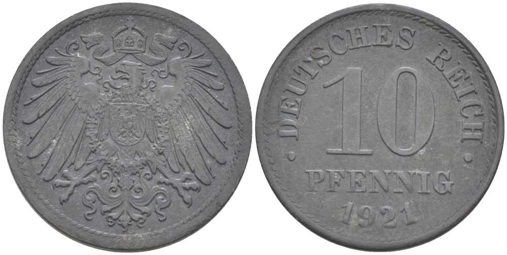 ГЕРМАНИЯ 10 ПФЕННИГОВ 1921 (1917-1922) KM 26, J. 299, Weege 8 цинк 210-237