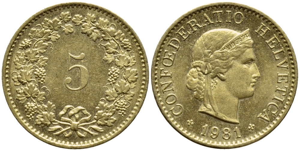 Швейцария 5 раппенов 1981 KM 26с алюминий латунь 4396-1126