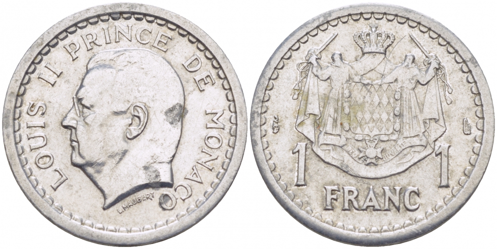 Монако 1 франк 1943 Луи II (1922-1949) KM 120 алюминий 4402-731