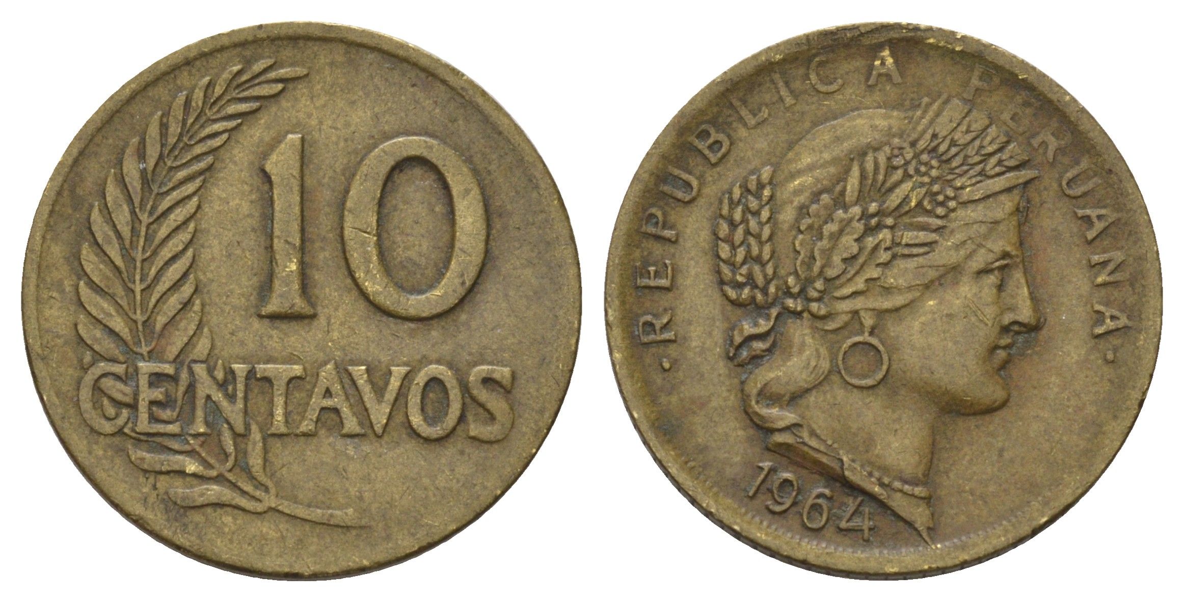 Перу 10 сентаво 1964 KM 224 латунь 4169-653