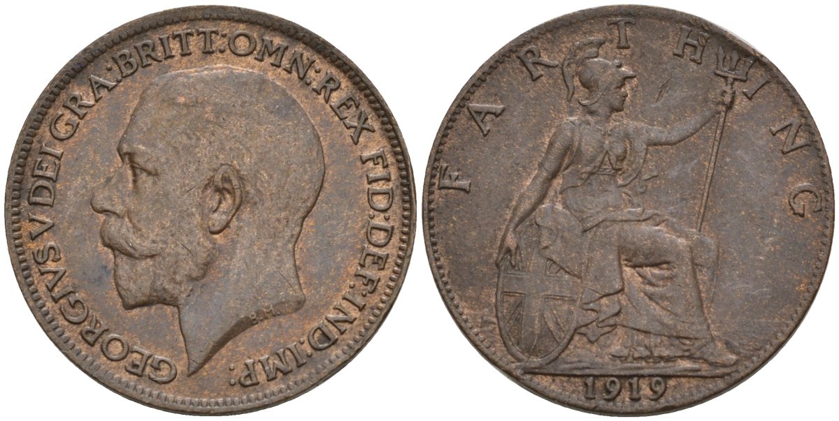 Великобритания 1 фартинг 1919 Георг V (1910-1936), светлая отделка KM 808.2, Spink 4060 бронза 4596-946