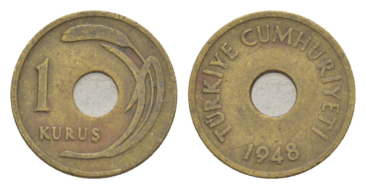 Турция 1 куруш 1948 KM 881 латунь 4647-461