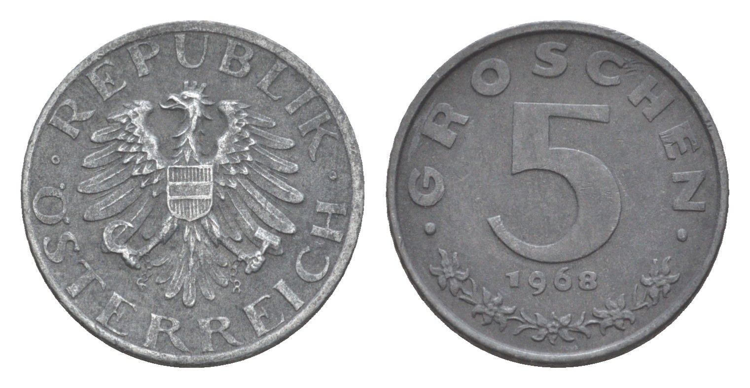 Австрия 5 грошей 1968 KM 2875 цинк алюминий 4160-841