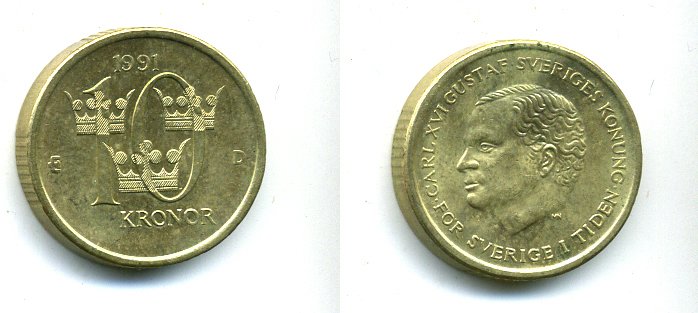 Швеция 10 крон 1991 D Карл XVI Густав (1973- ) KM 877 медь алюминий цинк 25-1936