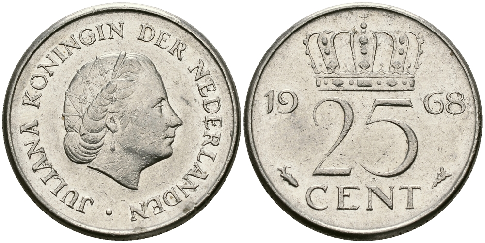 НИДЕРЛАНДЫ 25 ЦЕНТОВ 1968 ЮЛИАНА KM 183 никель 96-169