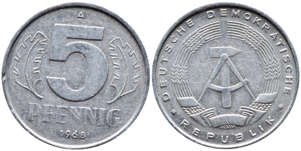 ГДР 5 ПФЕННИГОВ 1968 А KM 9.1 алюминий 4392-415