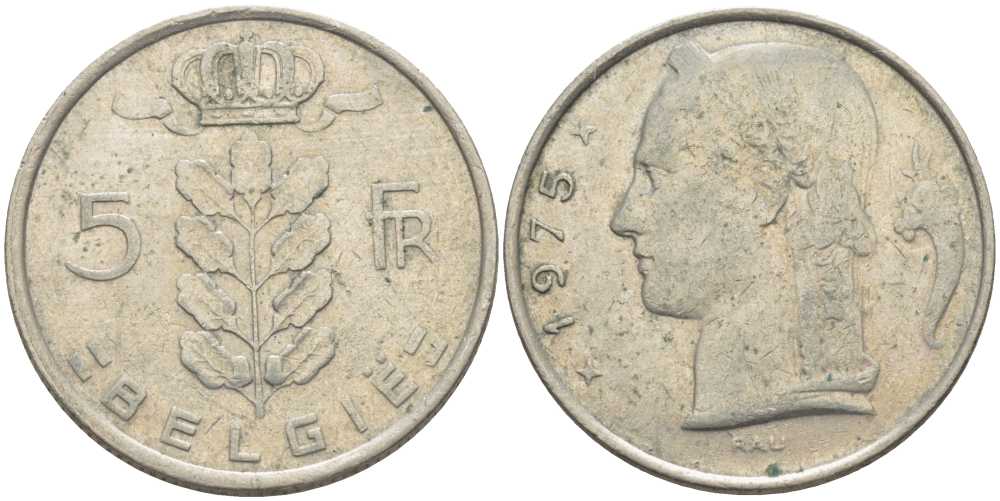 Бельгия 5 франков 1975 Belgie, Бодуэн I (1951-1993) KM 135.1 медно-никель 119-836
