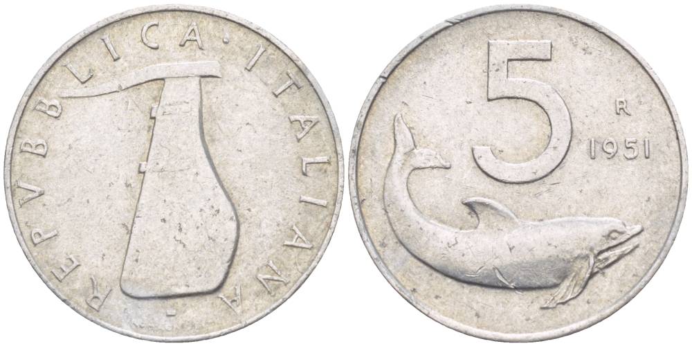 ИТАЛИЯ 5 ЛИР 1951 R, ДЕЛЬФИН, РУЛЬ KM 92 алюминий 4551-111