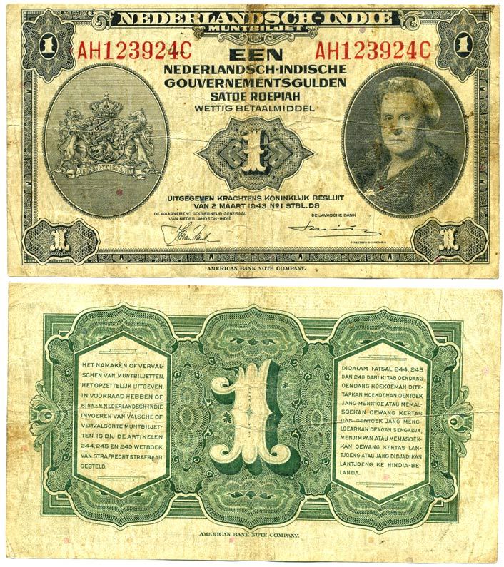 Нидерландская Индия 1 гульден 1943 Вильгельмина I (1890-1948) Pick 111 a бумага 7147-16-3
