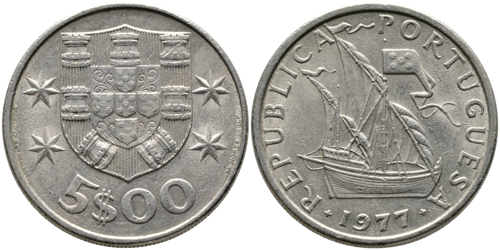 ПОРТУГАЛИЯ 5 ЭСКУДО 1977 ПАРУСНИК KM 591 медно-никель 65-1122
