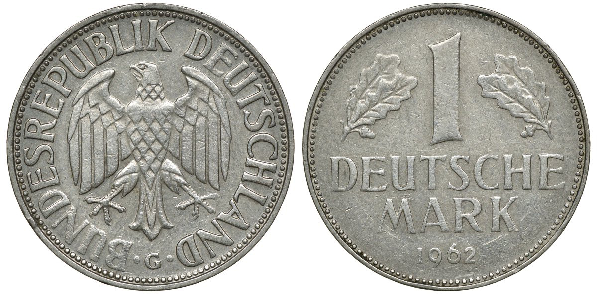 ФРГ 1 МАРКА 1962 G KM 110, J. 385 медно-никель 72-722