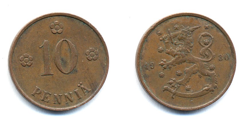 Финляндия 10 пенни 1930 республика (1918-1962) KM 24 медь 51-5333