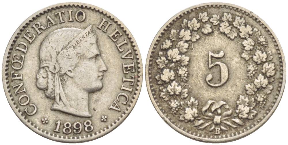 ШВЕЙЦАРИЯ 5 РАППЕНОВ 1898 В KM 26 медно-никель 4532-911