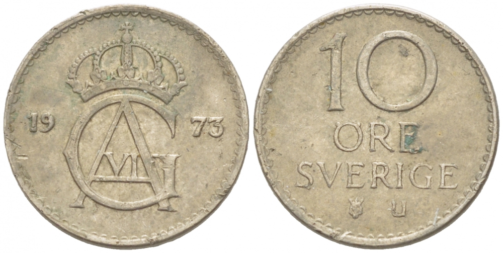 Швеция 10 эре 1973 U, Густав VI Адольф (1950-1973) КМ 835 медно-никель 3955-334