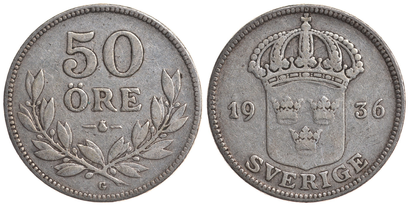 Швеция 50 эре 1936 G, Густав V (1907-1950), 6 вытянутая KM 788 серебро 4179-946