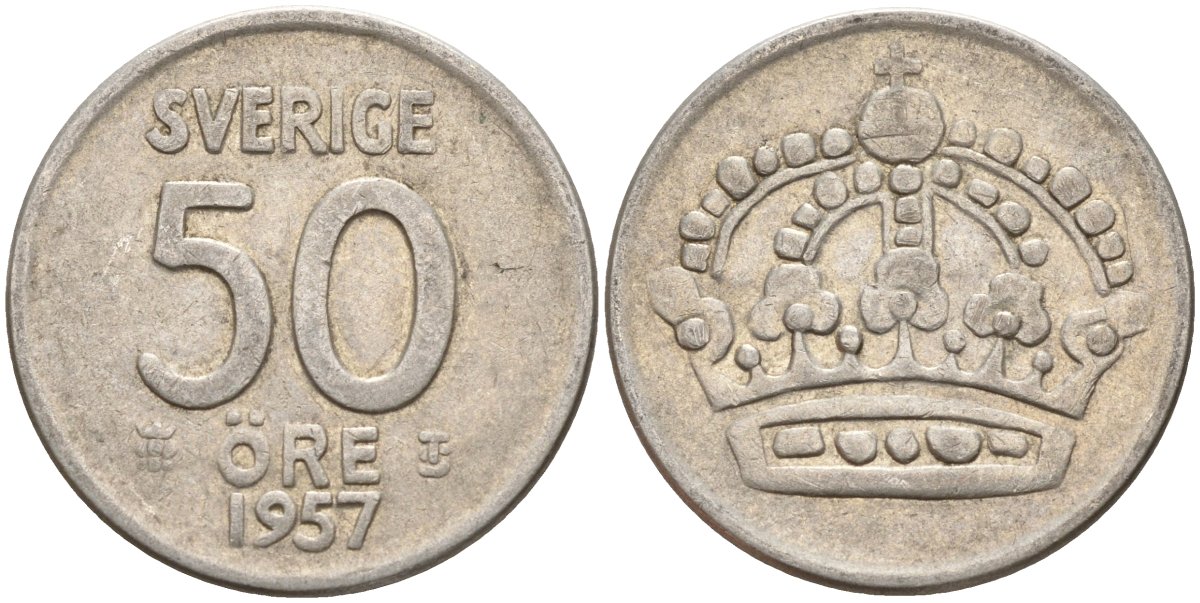 Швеция 50 эре 1957 TS, Густав VI Адольф (1950-1973) KM 825 серебро 4148-943