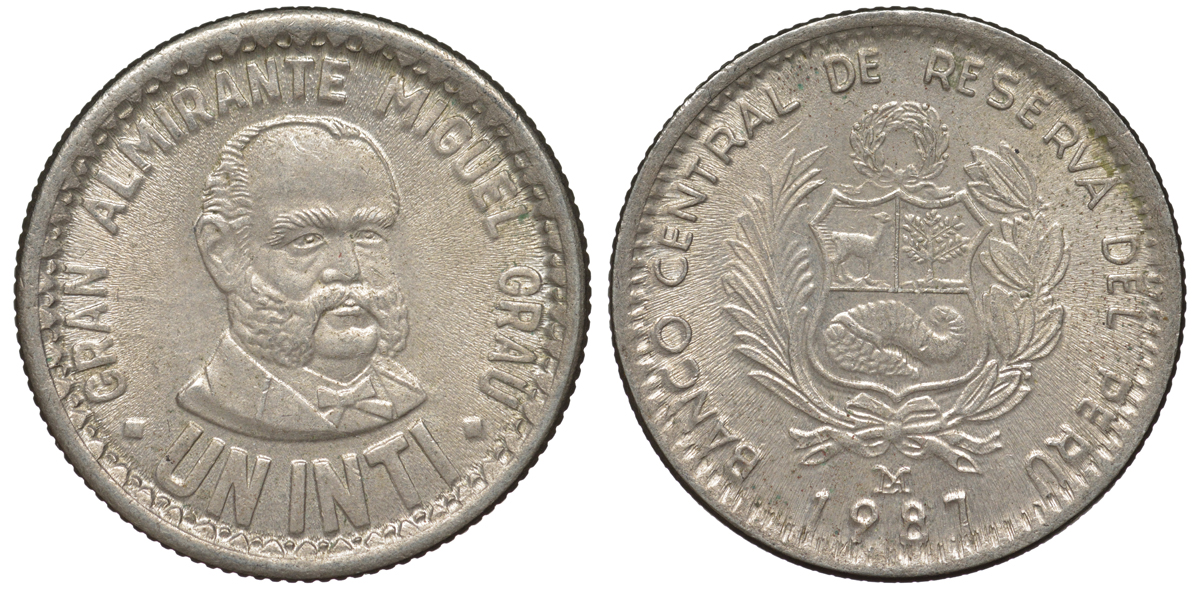 Перу 1 инти 1987 LIMA, Мигель Грау KM 296 медно-никель 4605-327