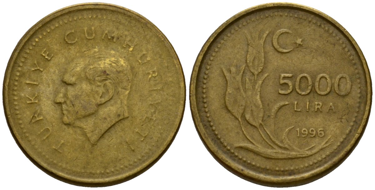 Турция 5000 лир 1996 Мустафа Кемаль Ататюрк KM 1029.1 латунь 4601-714