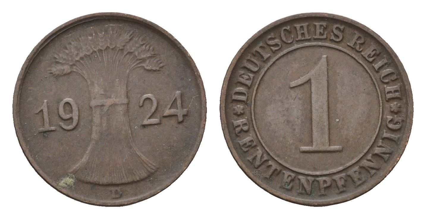 Германия 1 рентенпфенниг 1924 D KM 30, J. 306 бронза 4696-562