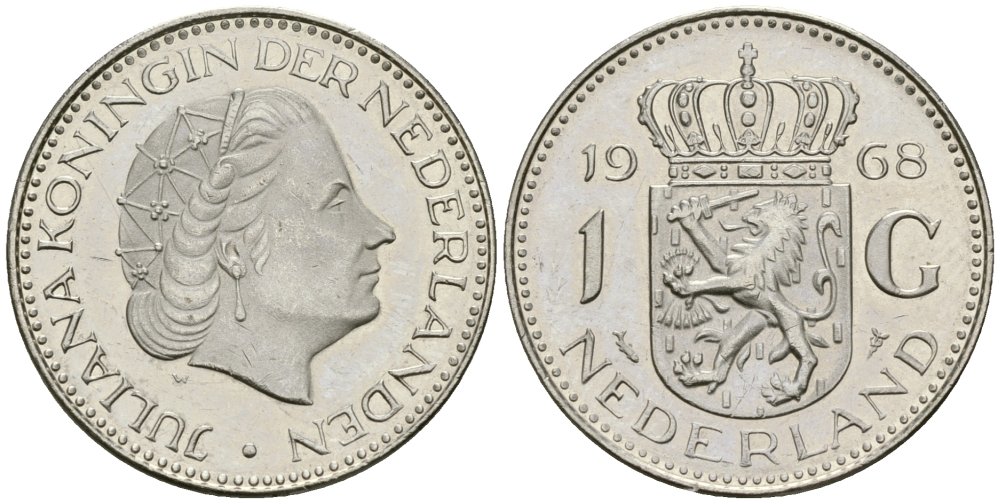 Нидерланды 1 гульден 1968 Юлиана (1948-1980) KM 184a никель UNC 4579-524