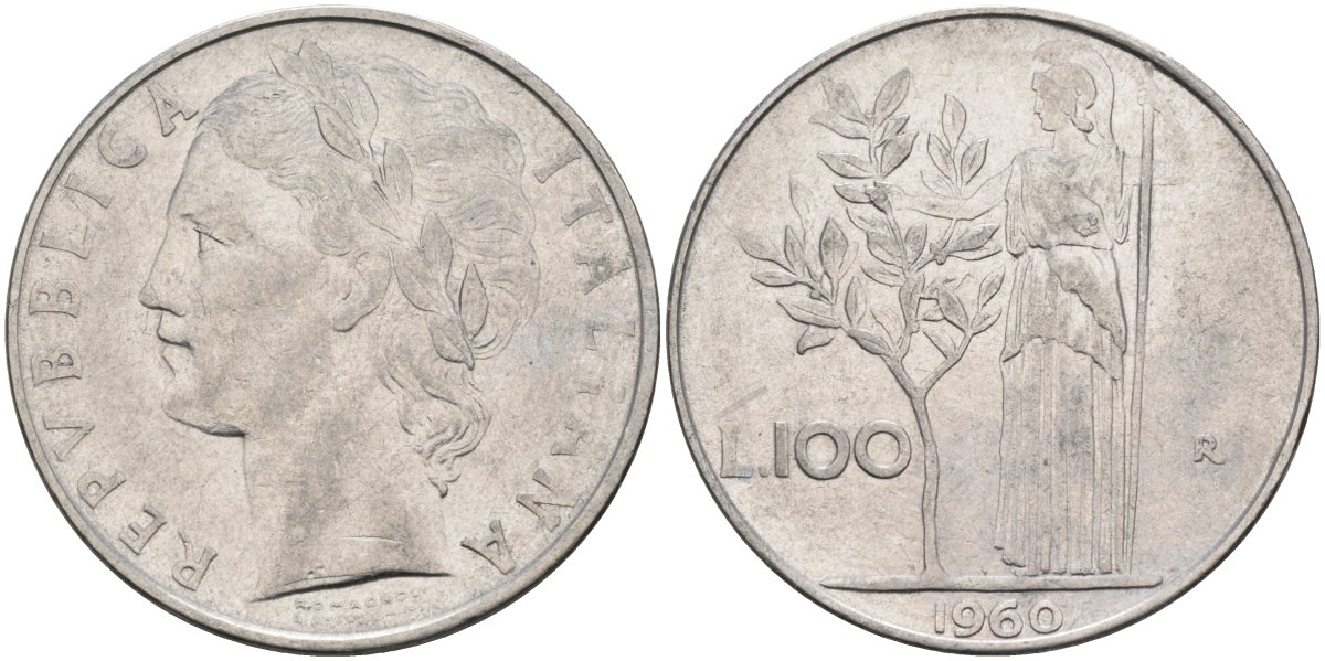 Италия 100 лир 1960 R, Афина в доспехах KM 96.1 нержавеющая сталь 81-1244