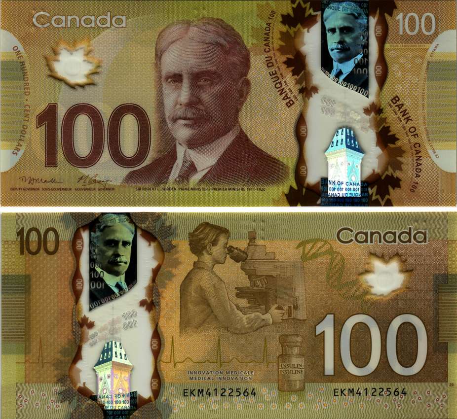 Канада 100 долларов 2011 Роберт Борден, женщина у микроскопа, Wilkins - Stephen Poloz Pick 110 пластик UNC (пресс) 451-256-2