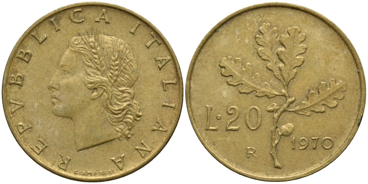 Италия 20 лир 1970 R, дубовая ветвь KM 97.2 алюминиевая бронза 4171-854