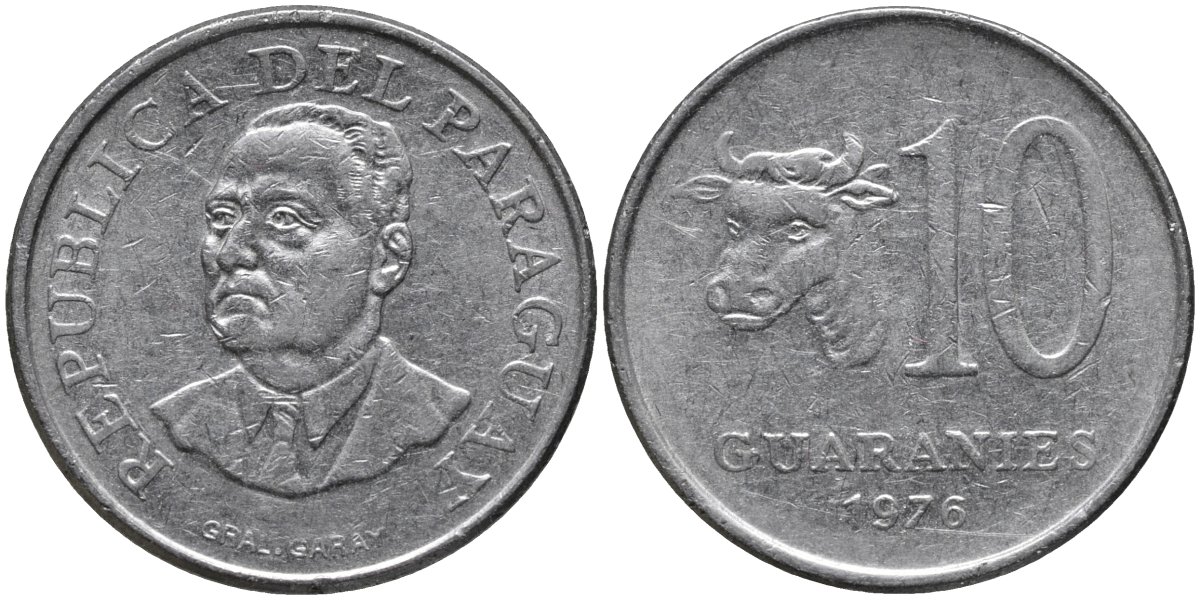 Парагвай 10 гуарни 1976 корова KM 153 нержавеющия сталь 4393-1152