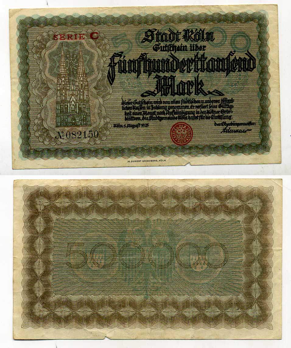 КЕЛЬН 500000 МАРОК 1922 НОТГЕЛЬД, КЁЛЬНСКИЙ СОБОР бумага 7146-27-3-1