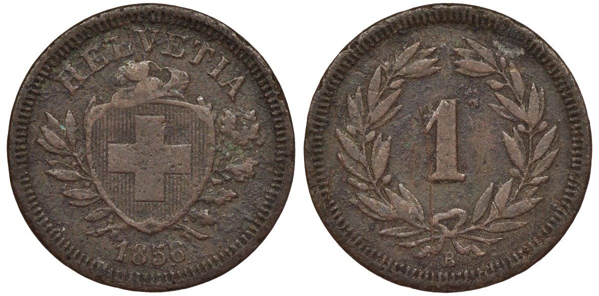 Швейцария 1 раппен 1856 KM 3.1 бронза 441-411