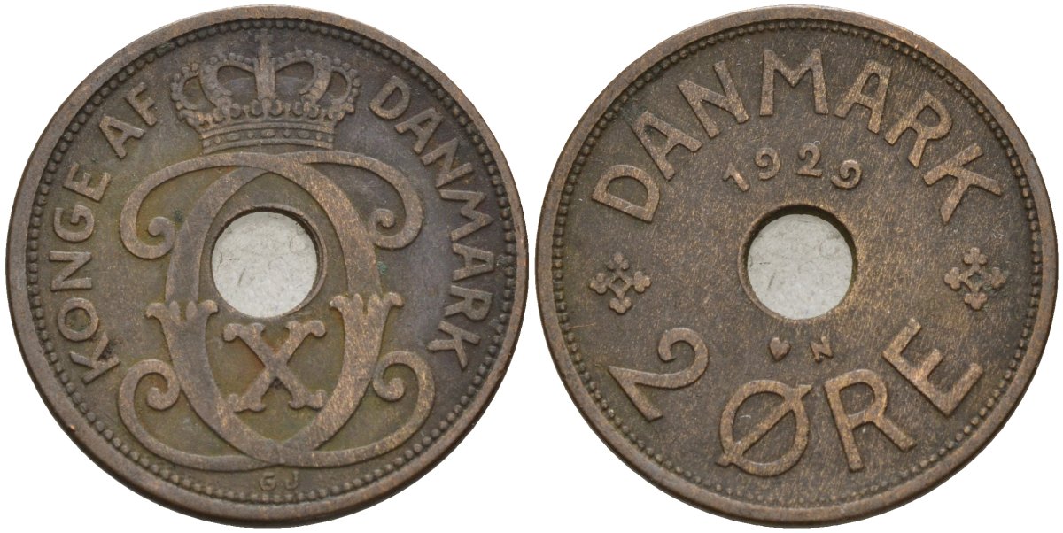 Дания 2 эре 1929 Кристиан X (1912-1947) KM 827 бронза 4147-459