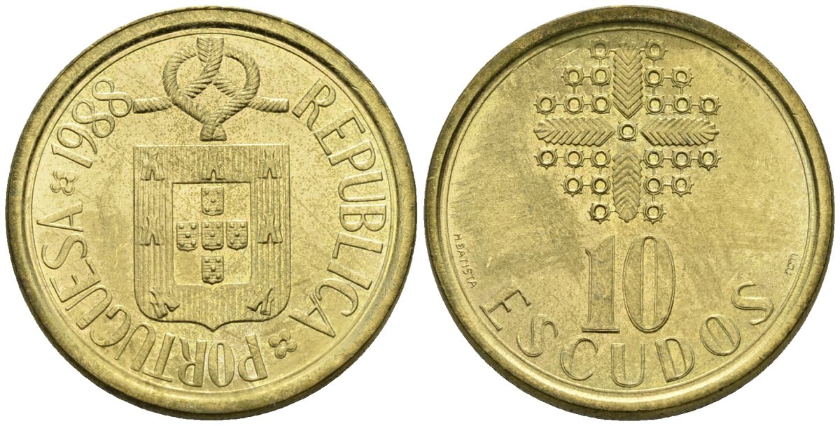 Португалия 10 эскудо 1988 KM 633 никель латунь 4148-516