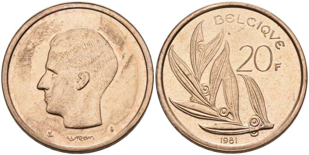 Бельгия 20 франков 1981 Belgique, Бодуэн I (1951-1993) KM 159 никель бронза UNC 189-922