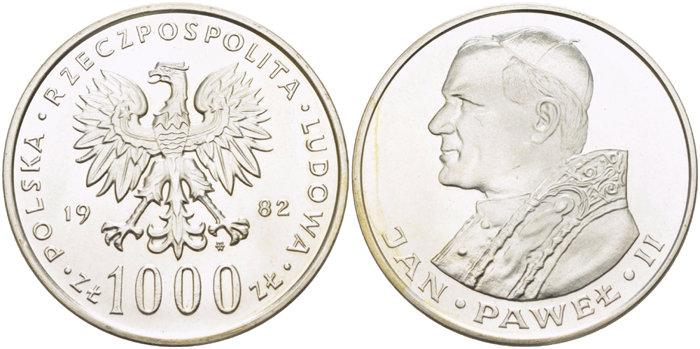 Польша 1000 злотых 1982 MW, визит папы Иоанна Павла II в Польшу KM 144, Parchimowicz 337a серебро UNC 1085-2-13