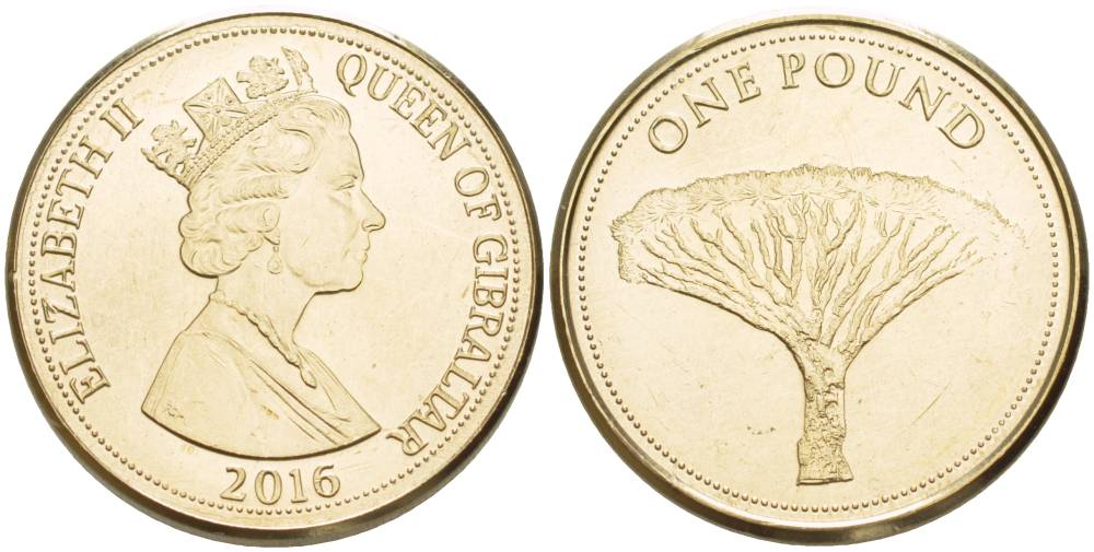 Гибралтар 1 фунт 2016 драконовое дерево, Елизавета II (1952-2022) KM 5 латунь UNC M3-12