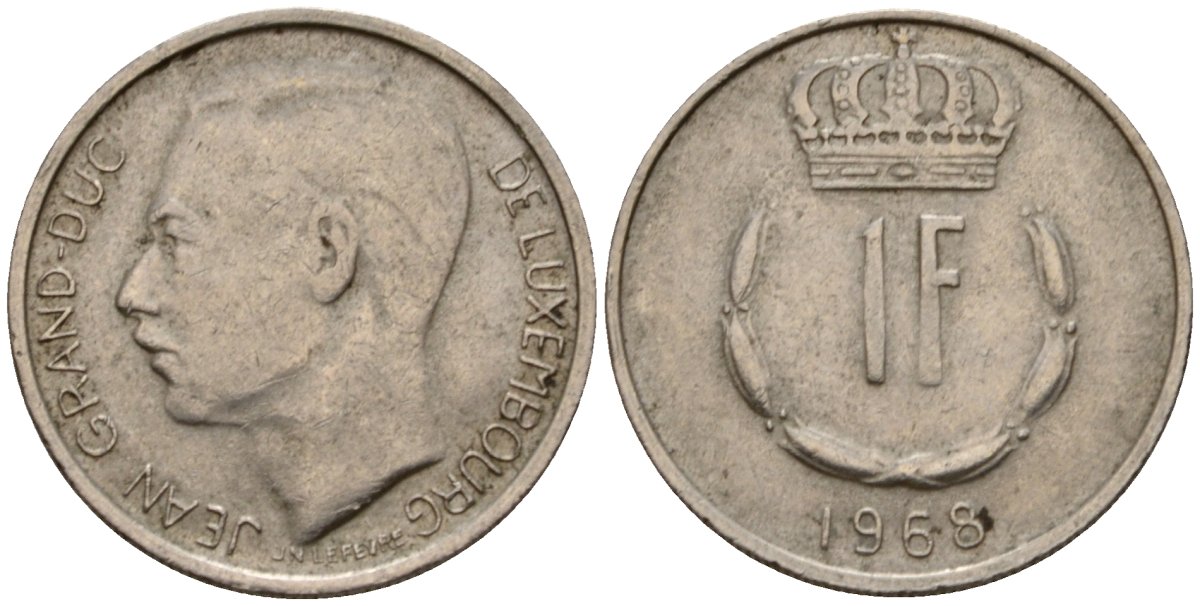 Люксембург 1 франк 1968 Великий герцог Жан (1964-1999) KM 55 медно-никель 4603-1123