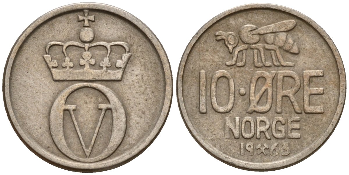 Норвегия 10 эре 1963 Улаф V (1958 - 1991) KM 411 медно-никель 4154-765
