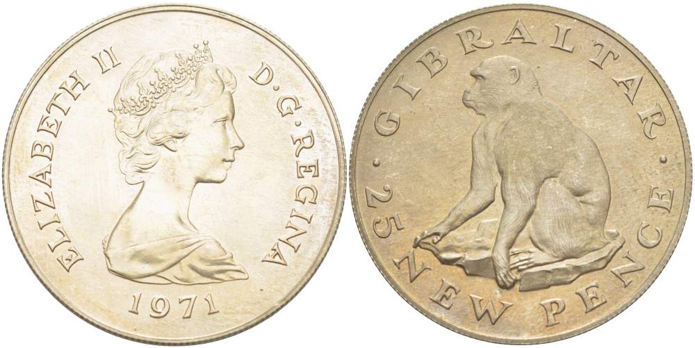 Гибралтар 25 пенсов 1971 Елизавета II (1952-2022), обезьяна KM 5 медно-никель UNC 4527-422