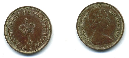 Великобритания 1/2 пенни 1974 Елизавета II (1952-2022) KM 914, Spink 4239 бронза 4110-1715