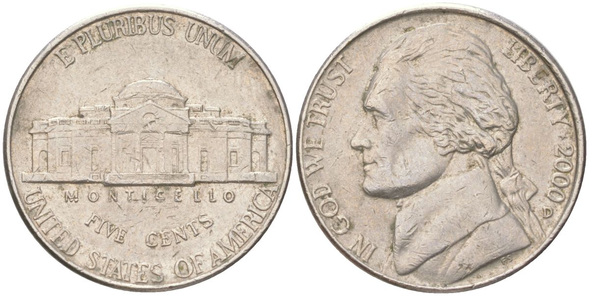США 5 центов 2000 D, Джефферсон KM A192 медно-никель 4611-246