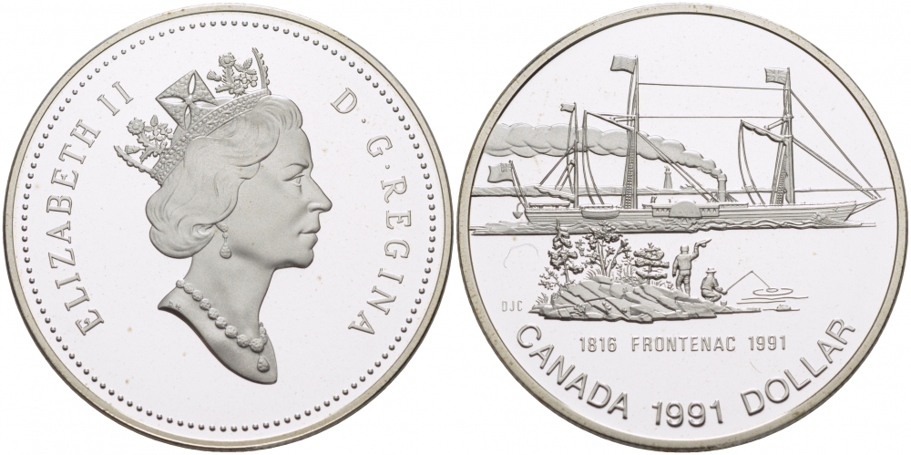 Канада 1 доллар 1991 175 лет первому пароходу "Фронтенак" KM 179 серебро PROOF 04-011-34