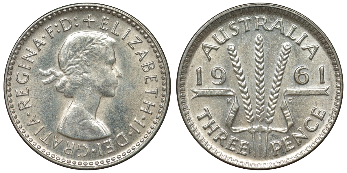 Австралия 3 пенса 1961 m, Елизавета II (1952-2022) KM 57 серебро 71-667