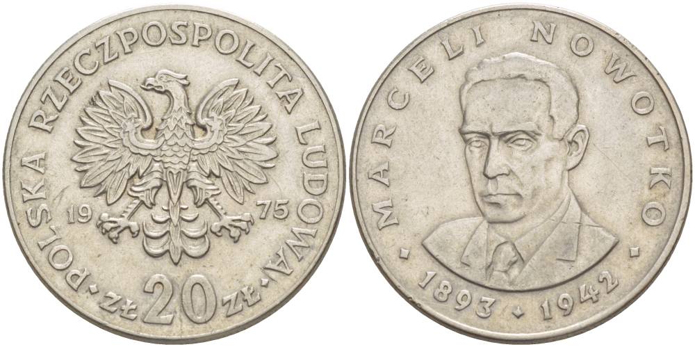 Польша 20 злотых 1975 Марцелий Новотко, монетный двор Кремница KM 69, Parchimowicz 246b медно-никель 4542-1142