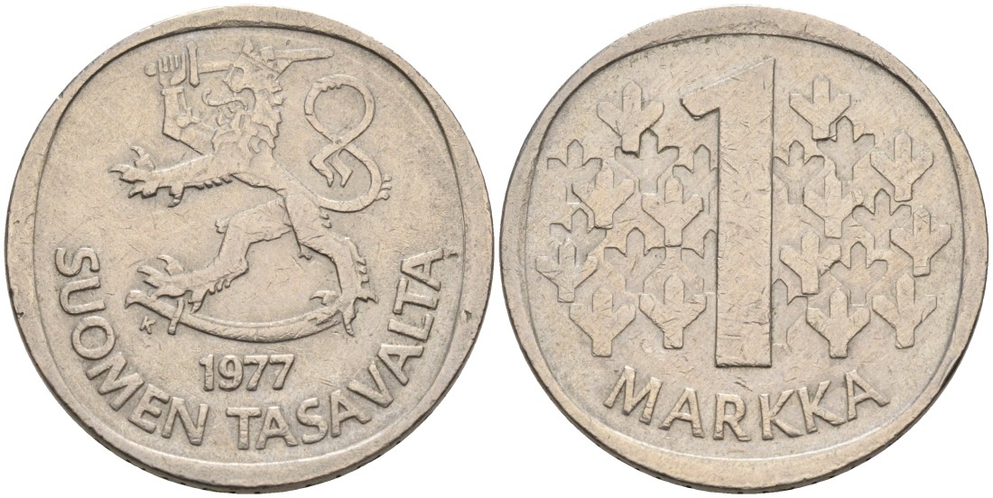ФИНЛЯНДИЯ 1 МАРКА 1977 K KM 49a медно-никель 4563-522