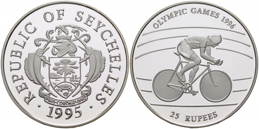 Сейшельские острова 25 рупий 1995 олимпийские игры 1996 года в Атланте, велосипед KM 97 серебро PROOF 1081-5-34